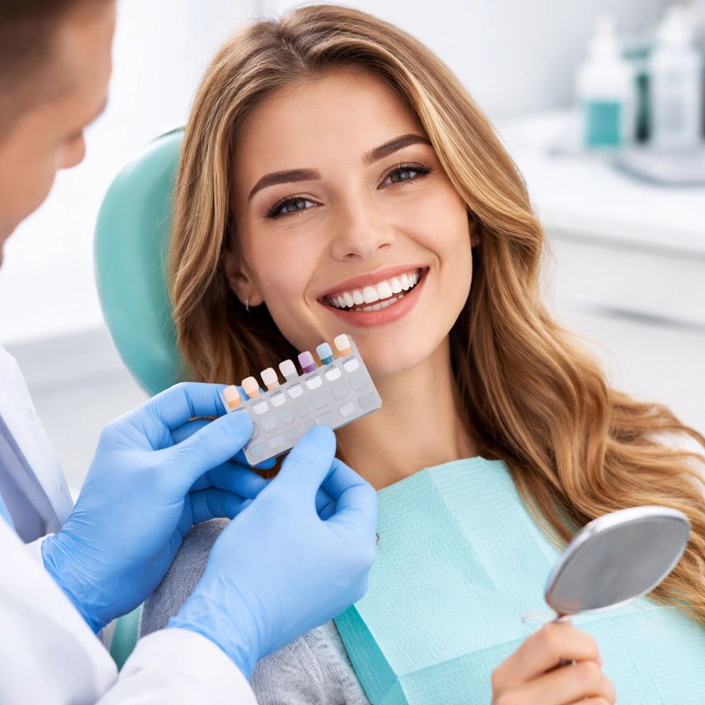 Smiling woman viewing her new smile in a mirror in the dental chair